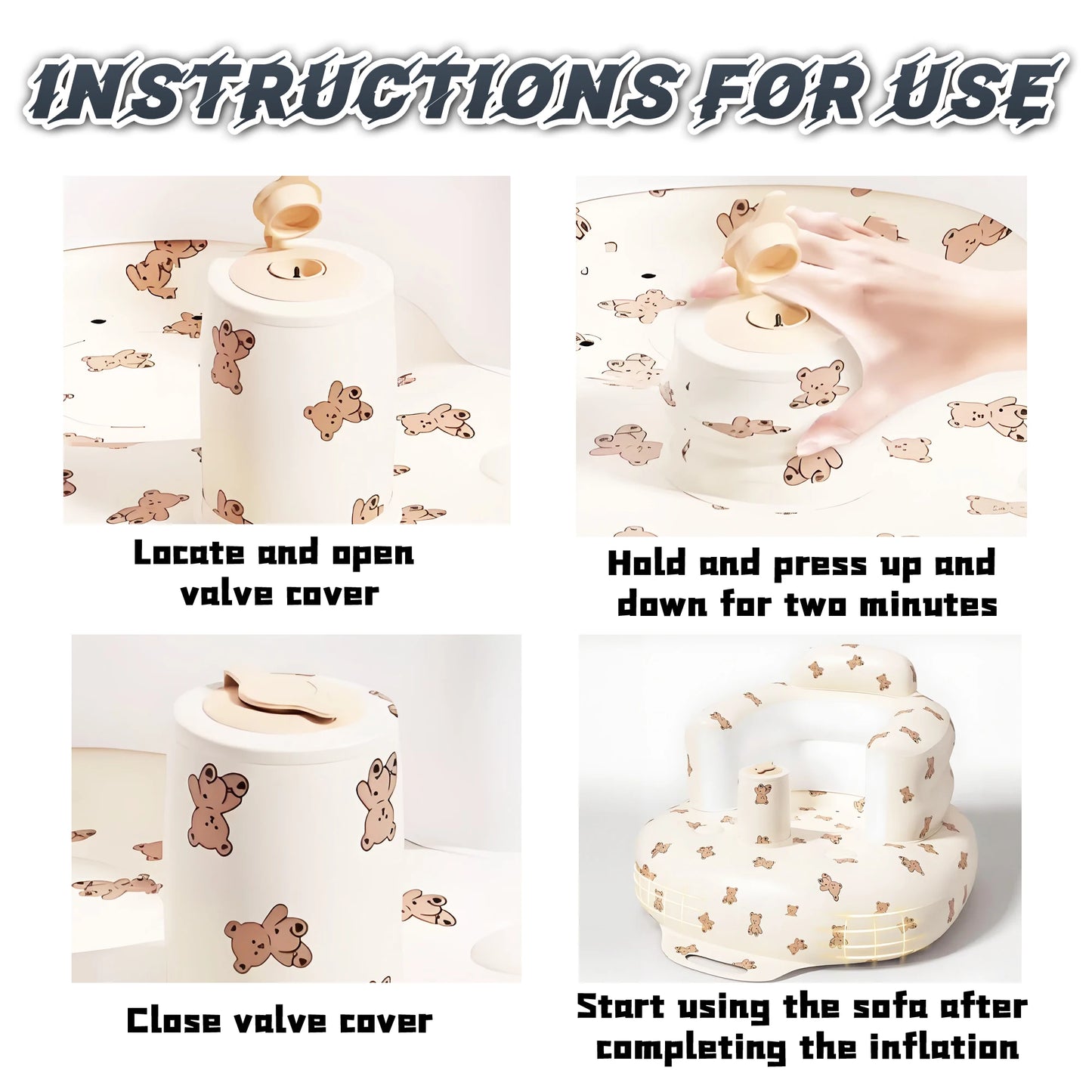 Baby Inflatable Seat, Biscuit Bear Cartoon Baby Sofa for Sitting Up 3-12 Months, Built in Air Pump PVC Back Support Sofa