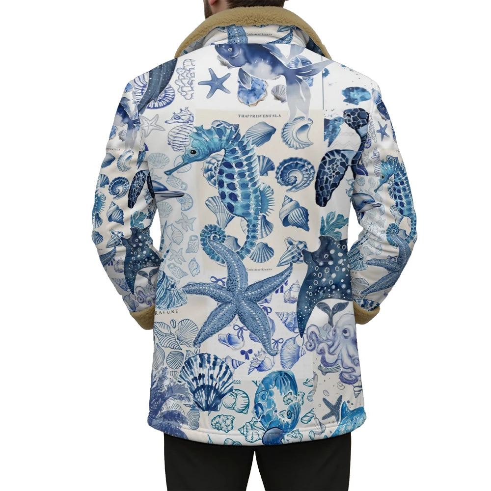 Winter Aesthetic Jacket Marine Life Print Long Coats Whale Turtle Jellyfish Pattern Faux Fur Collar Unisex Coastal Style