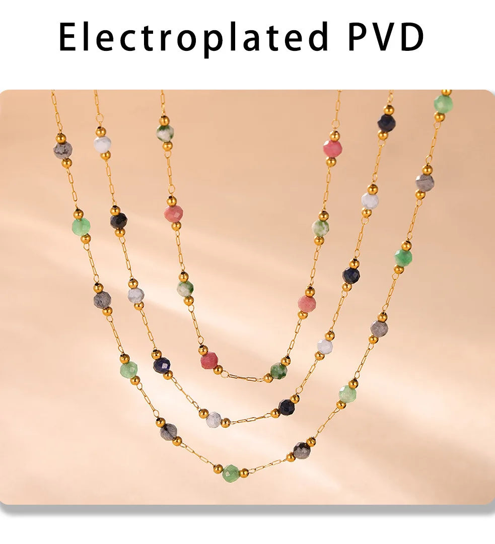 Women's Necklace Natural Stone Handmade Bead Double-layer Layered Collarbone Chain Stainless Steel Jewelry