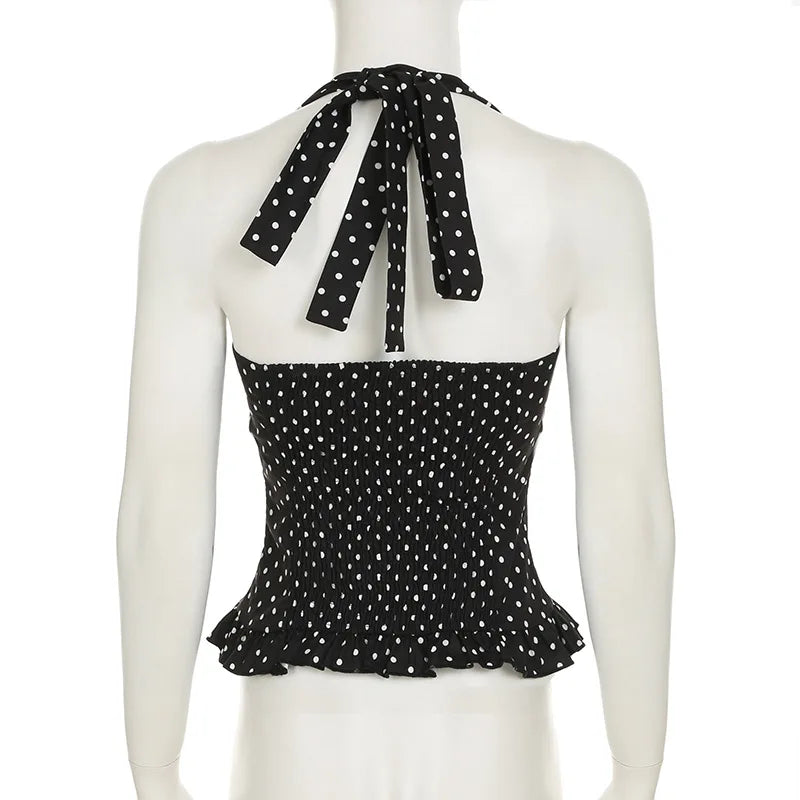Women Halter Tank Tops Ruffles Hem Lady Sexy Backless Sleeveless Crop Top Summer Fashion Streetwear Female Dot Print Vests