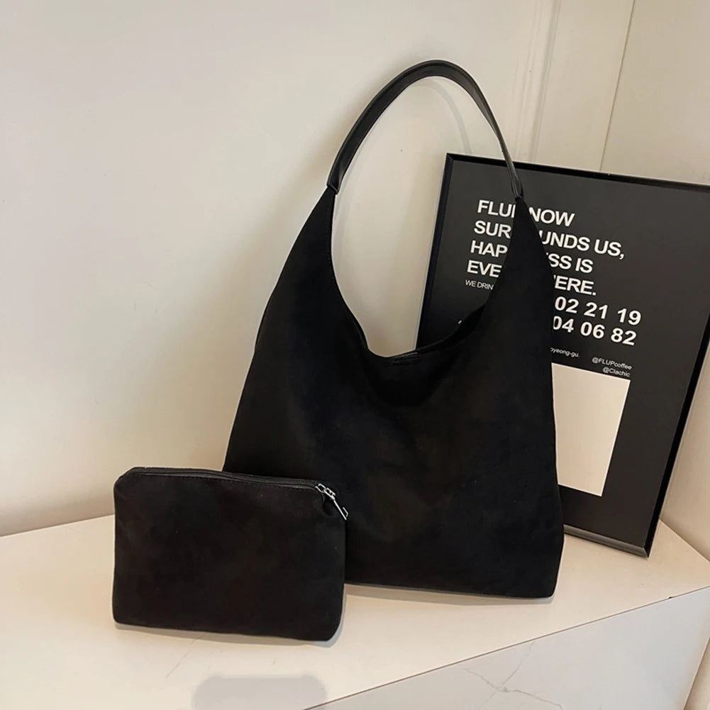 Women Suede Shoulder Bag Large Capacity Tote Bag Trendy Retro Handbag with Pocket for Work Travel Shopping