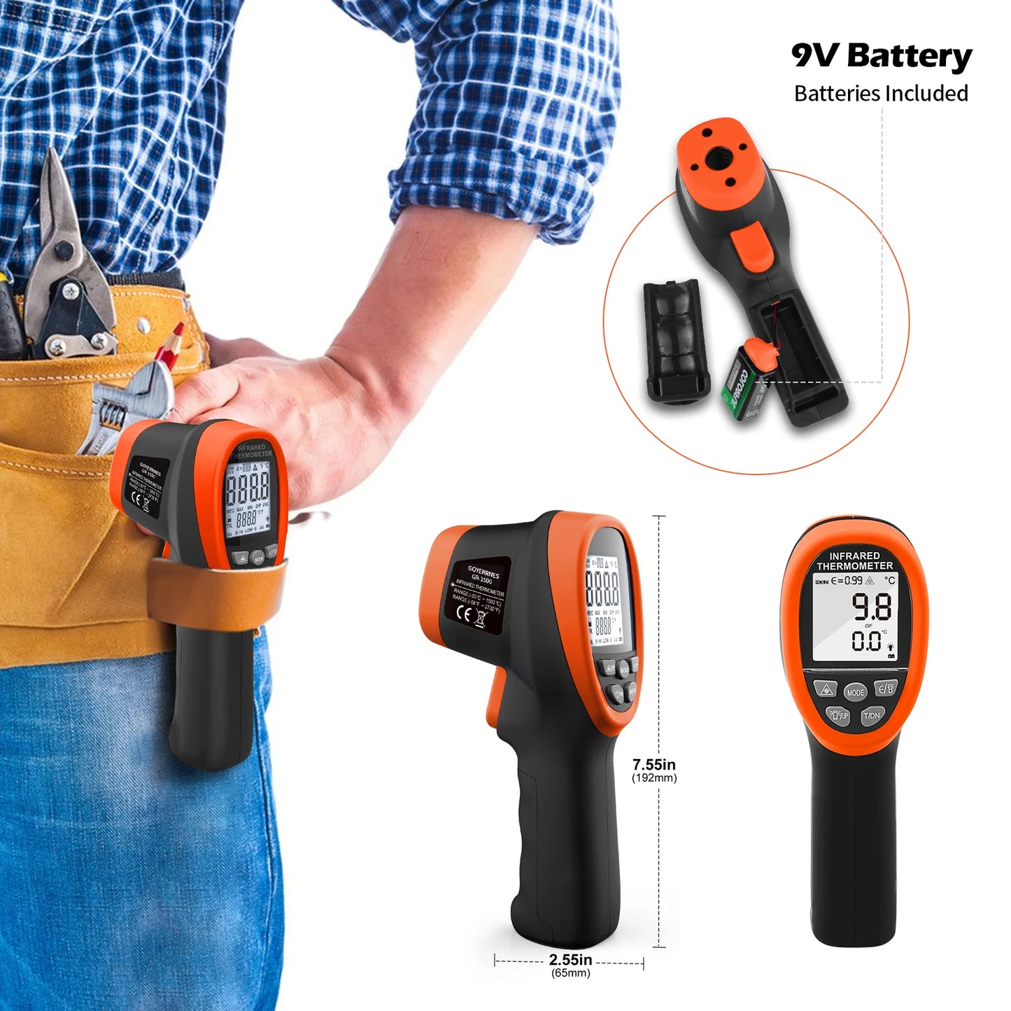 Infrared Thermometer Gun Handheld Heat Temperature Gun Laser Temperature Gun with Adjustable Emissivity Measure -50°C to 1800°C