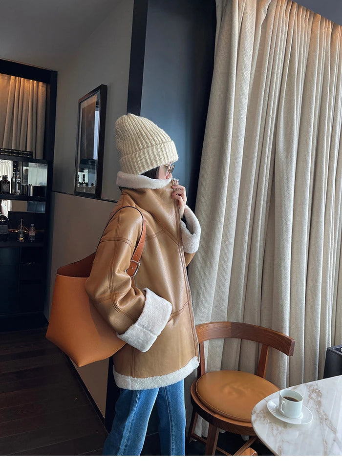 2025 Autumn Winter Fur Integrated Lamb Wool Coat Women's European And American Street Temperament Fashion Locomotive Fur Coat