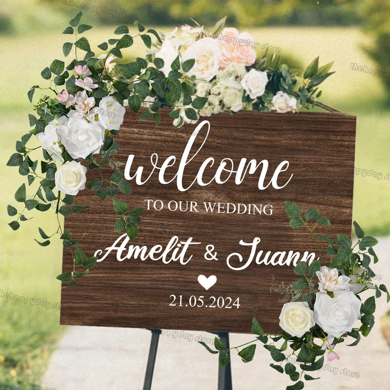 Custom Wedding Welcome Sign With White Artificial Wedding Arch Flowers Wedding Welcome Sign Personalised Decor