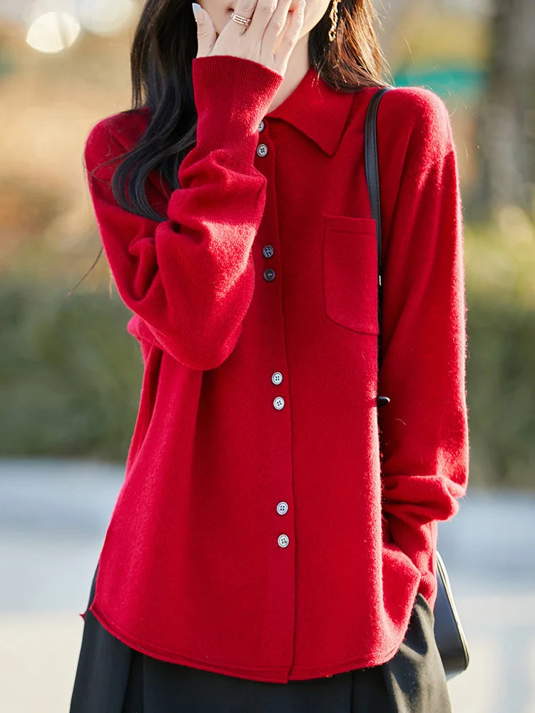 POLO Collar Wool Sweater 100 Pure Wool Spring And Autumn New Knitted Women Loose And Slimming Cardigan ZA682