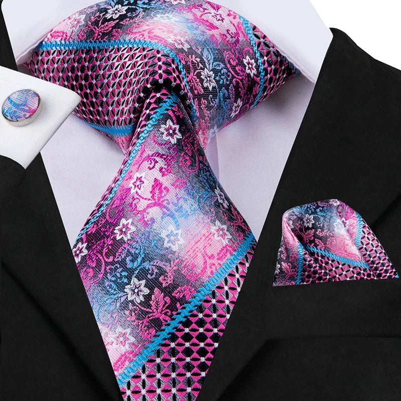 Hi-Tie Silk Men Tie Peach Pink Floral Wedding Necktie for Men Luxury Necktie Handkerchief Cufflink Fashion Design Business