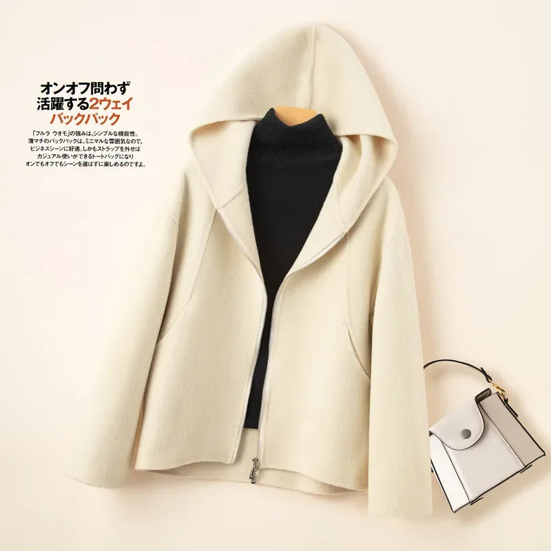 Elegant Woolen Coat Woman 2025 Winter New Fashion Pink Hooded Short Zipper Double-Sided Wool Jacket Ladies Slim Outerwear B810