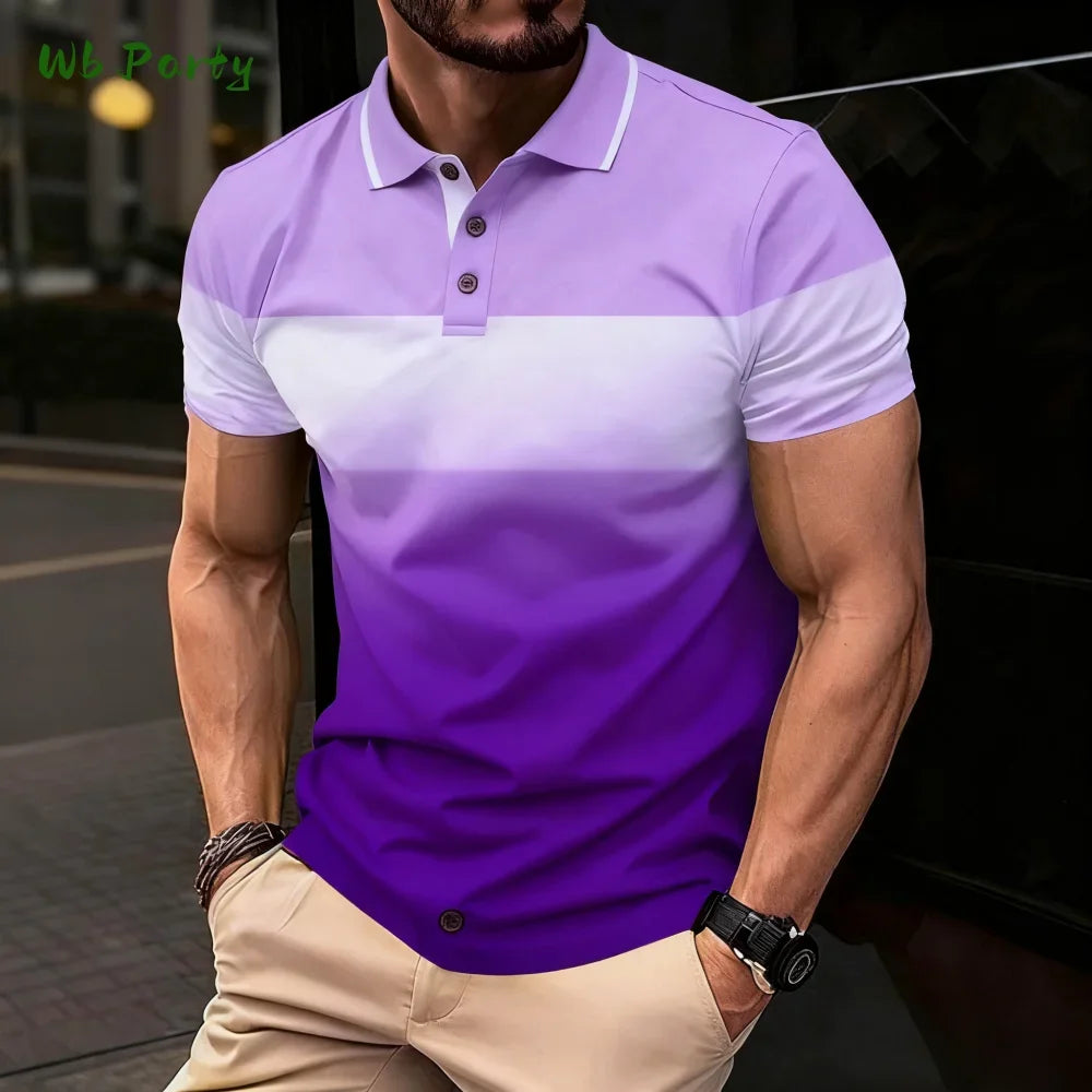 Summer men's polo men's casual short-sleeved polo shirt with striped color block design, sporty polo style collar polo shirt for
