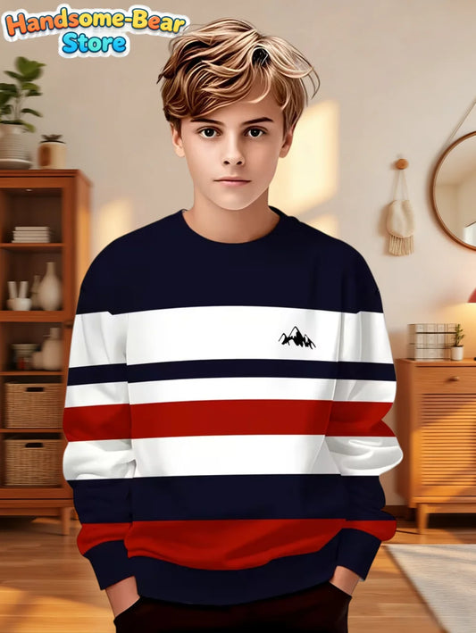 Autumn Classic Boys Sweatshirt Outdoor Round Neck Long Sleeves Top Stripe 3D Print Loose Hoodies Streetwear Children's Clothing