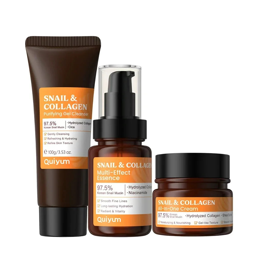 Quiyum 3 Step Set 97.5% Snail Mucin Collagen Hydrating Glowing Skin Korean Skincare