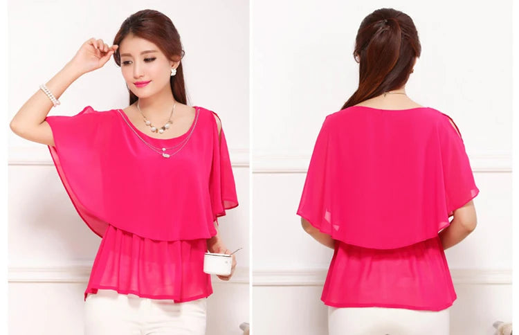 2025 Women Summer Tops Blouse Fashion Elegant Ruffle Batwing Sleeves Chiffon Shirt Loose Casual Clothing blusas mujer de moda
