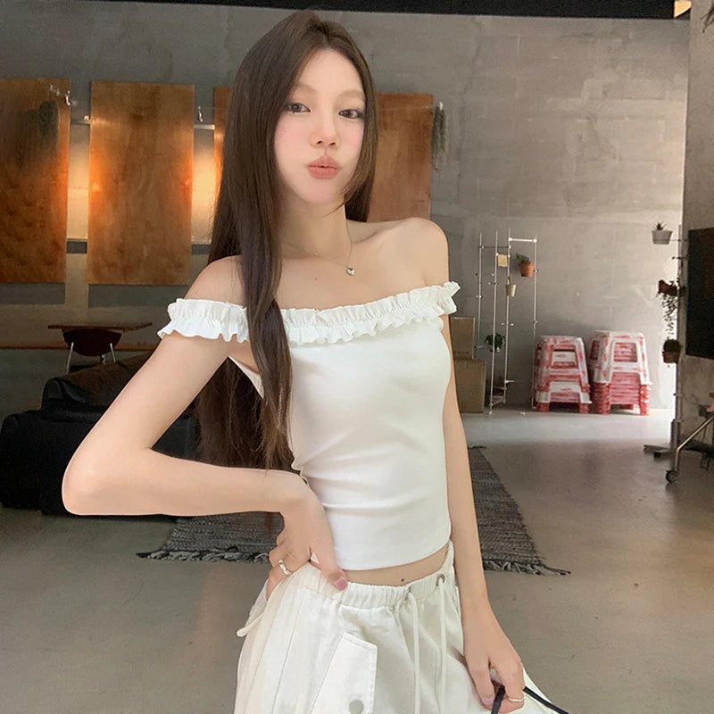 Women's Summer Off-Shoulder Solid Color Tops Sheath Casual Daily Cropped T-shirt