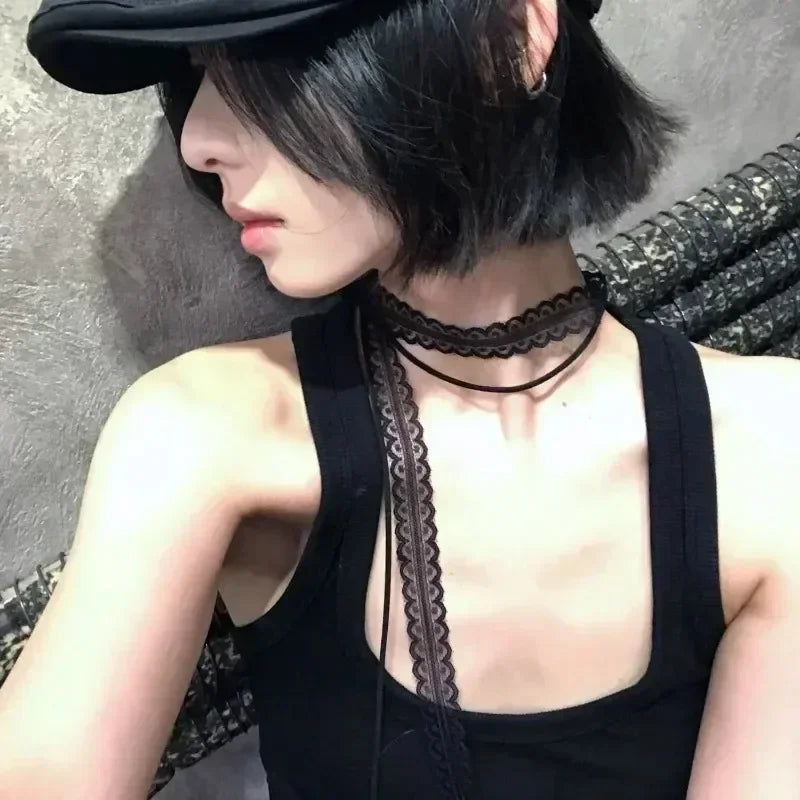 Black White Lace Necklace Versatile Long Ribbon Layered Clavicle Chain Choker for Woman Girls Wear Neck y2k Decoration Jewelry