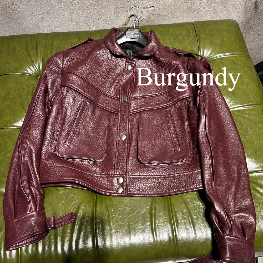 Grained Vintage Leather Jacket Women High Quality Genuine Sheep Leather Coat 2025