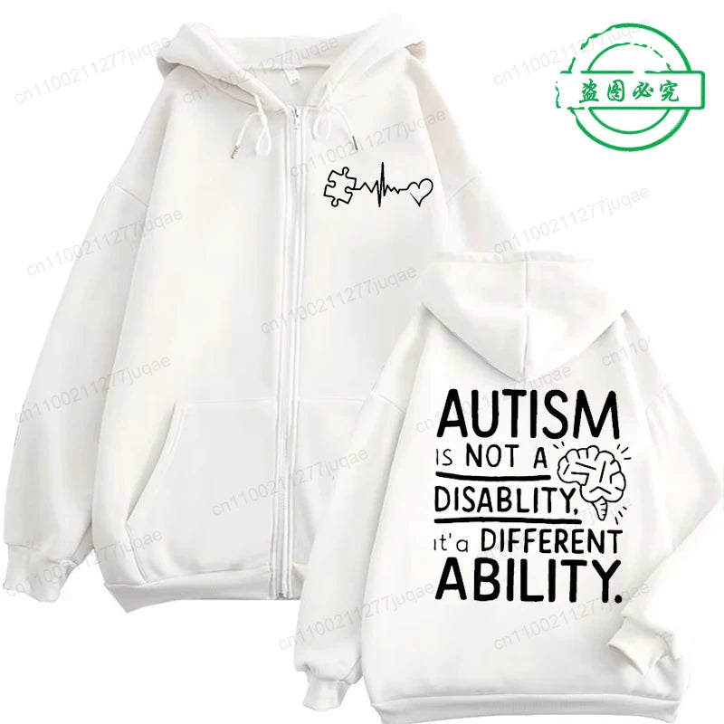 Autism Awareness Hoodie for Men Women, It's Not A Disability It's A Different Ability Zip Up Hoodies, Zipper Tracksuit Jackets