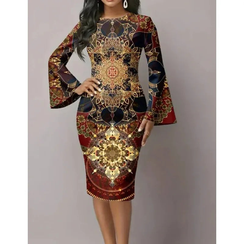 Elegant Night Out Dress Black White Graphic Print Bodycon Midi Dress with Dramatic Flare Sleeves Modern Dress for City Night Out