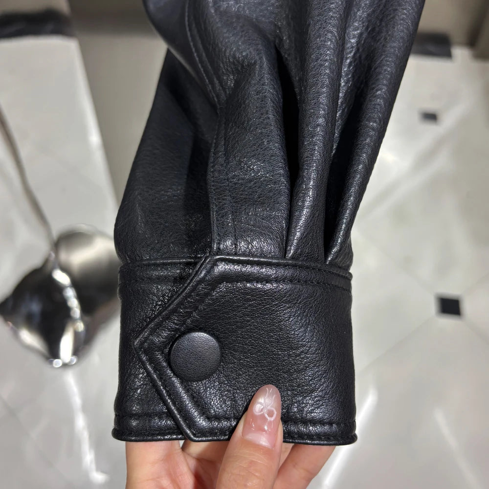 2025 Black Grained Leather Jacket Oversized Leather Coat Stand Collar Real Sheepskin Coat