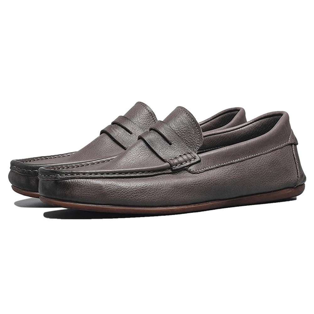 Vintage Full Grain Leather Men's Soft Loafers Handmade Wear-Resistant Genuine Leather Dress Shoes Casual Non-slip Outsole