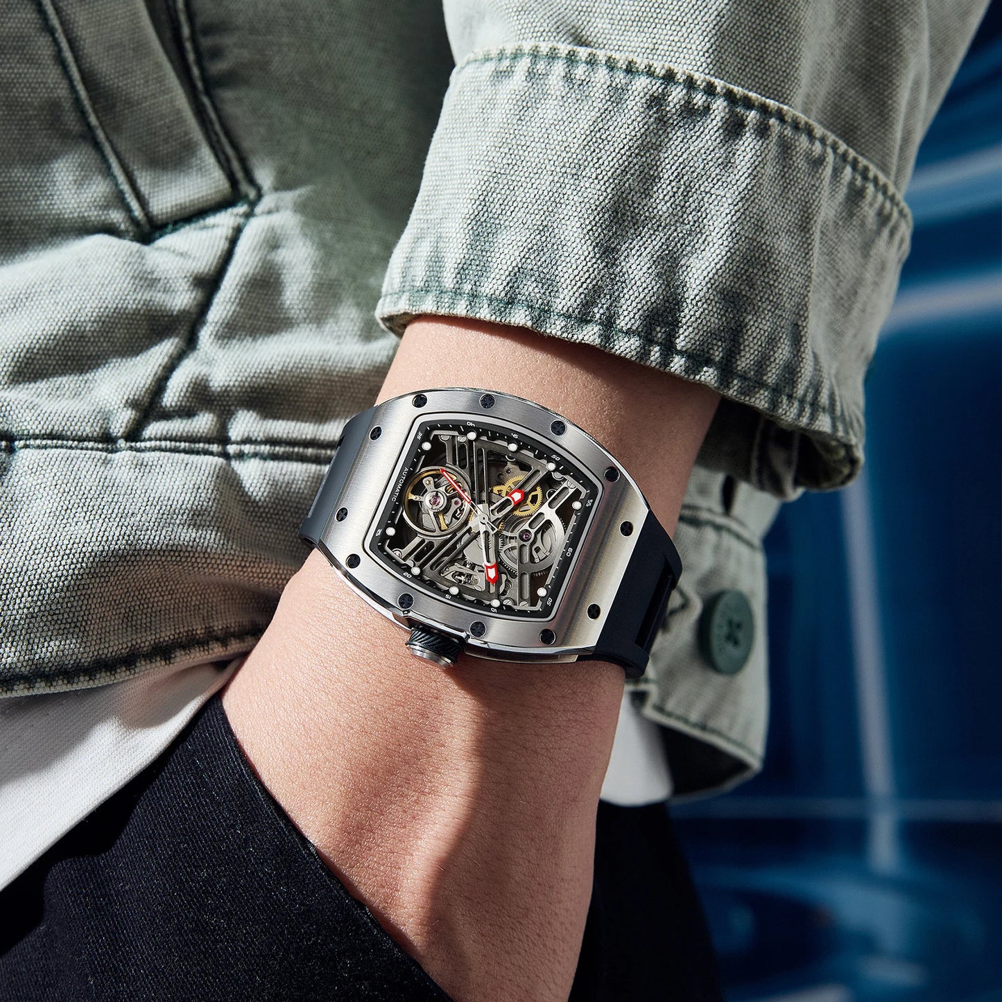 Automatic mechanical watch outdoors simple luxury watches waterproof wholesale skeleton leather mens watch gift