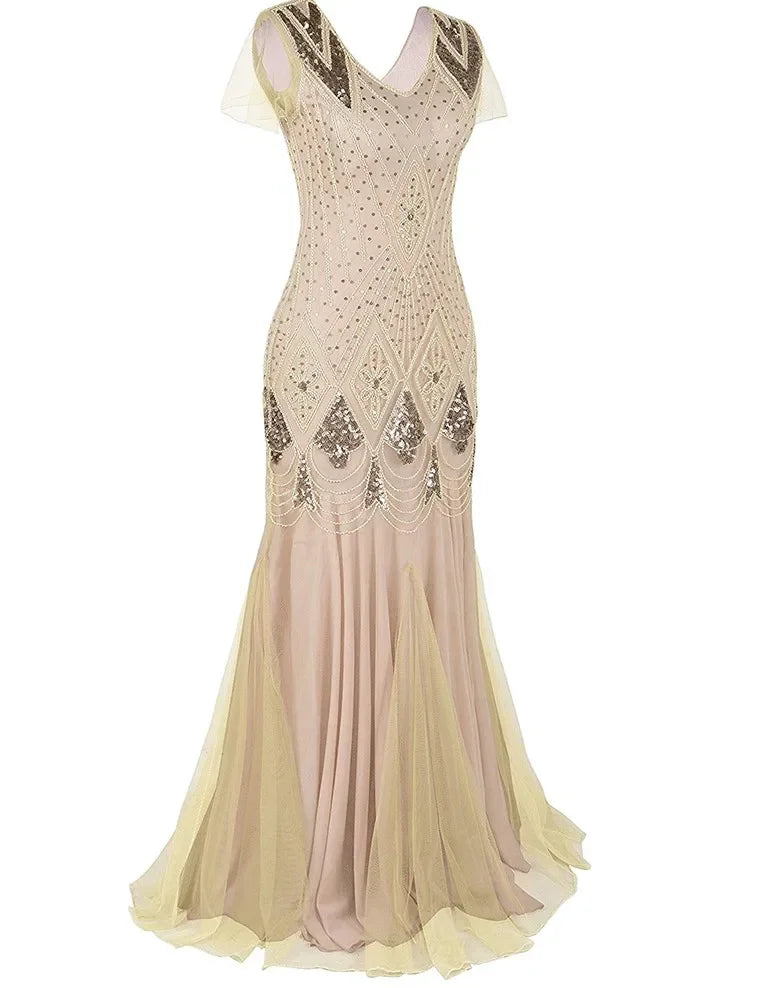Women's Fashion 1920s Flapper Dress Vintage Great Gatsby Long Evening Prom Sequin Party Dress Women Mesh Costume