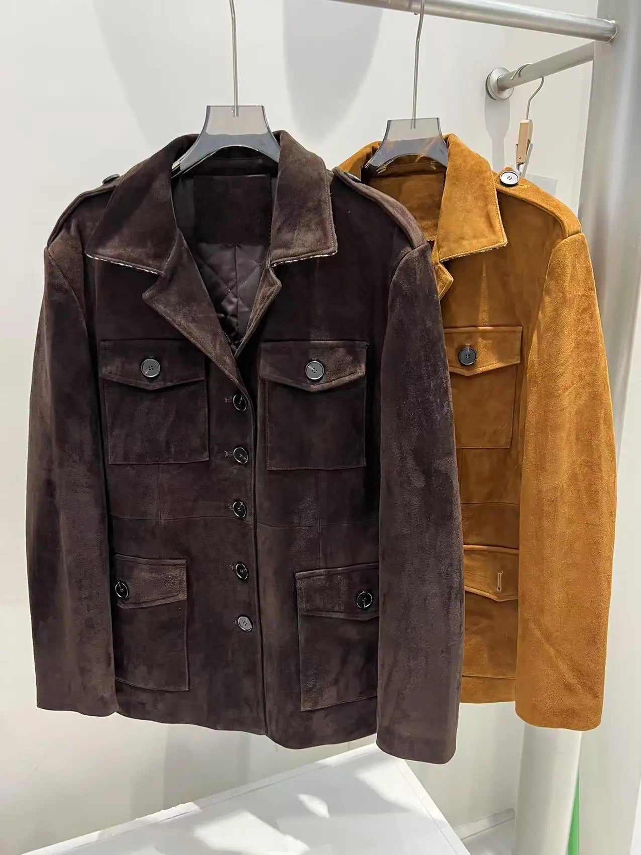 Luxury High-end Kid Suede Leather Jacket for Women Winter Pockets Slimming Coat Filled With Mulberry Silk Deep Coffee Warm Veste