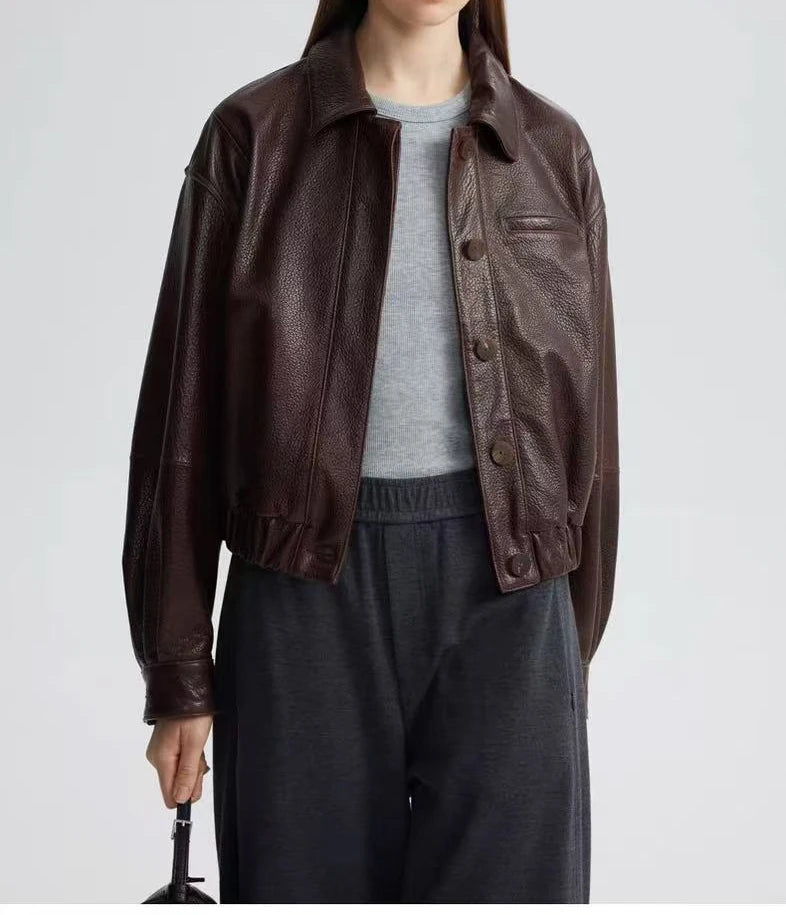 Retro Leather Bomber Jackets for Women Genuine Foam Leather Bubble Texture Short Coat Female Square-Cut Lapel Slim Fit Chaquetas