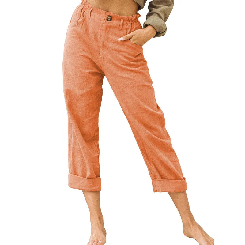 Summer 2024 new ladies cotton and linen straight tube cropped casual and comfortable simple women radish pants