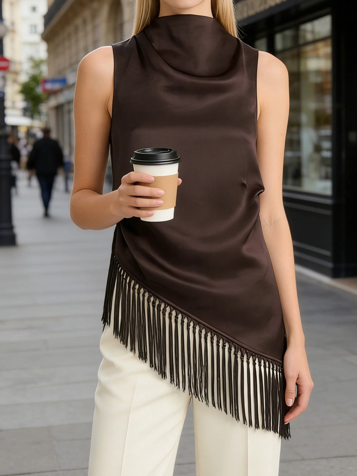 Women's Summer Tassel Hem Vest Brown Sleeveless Solid Color High Neck Long Tank Tops