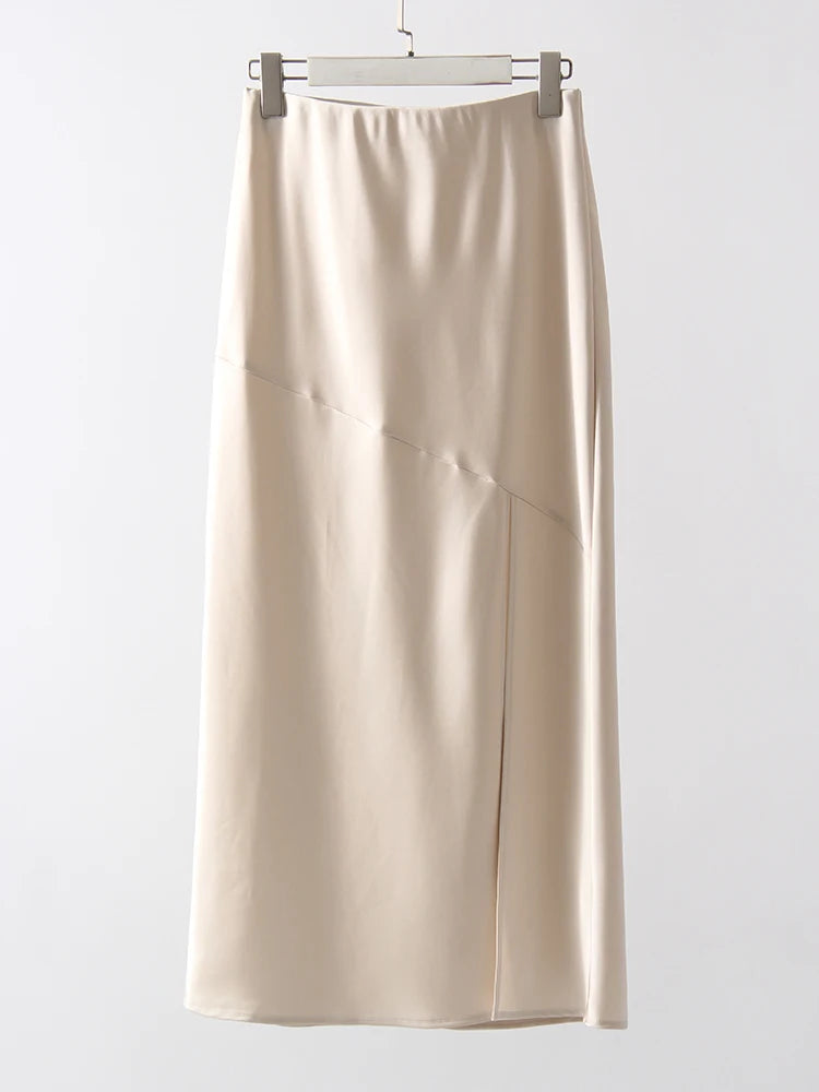 Summer Satin Skirts For Woman Office Maxi A Line Black Silk Skirts With Slit Lady High Waist Women Patchwork Skirt Long Elegant