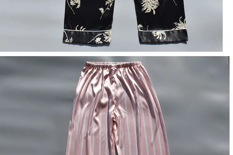 Pajama Pants For Women Silk Satin Trousers Stripes Thin Loose Plus-size Ice Home Pants Night Wears Sleep Bottoms For Female