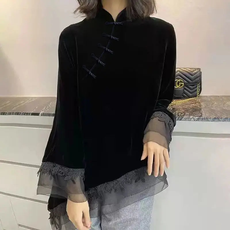 Retro Black Velvet Qipao Top New Chinese Style Stand Up Collar Button Down Bottom Shirt for Women