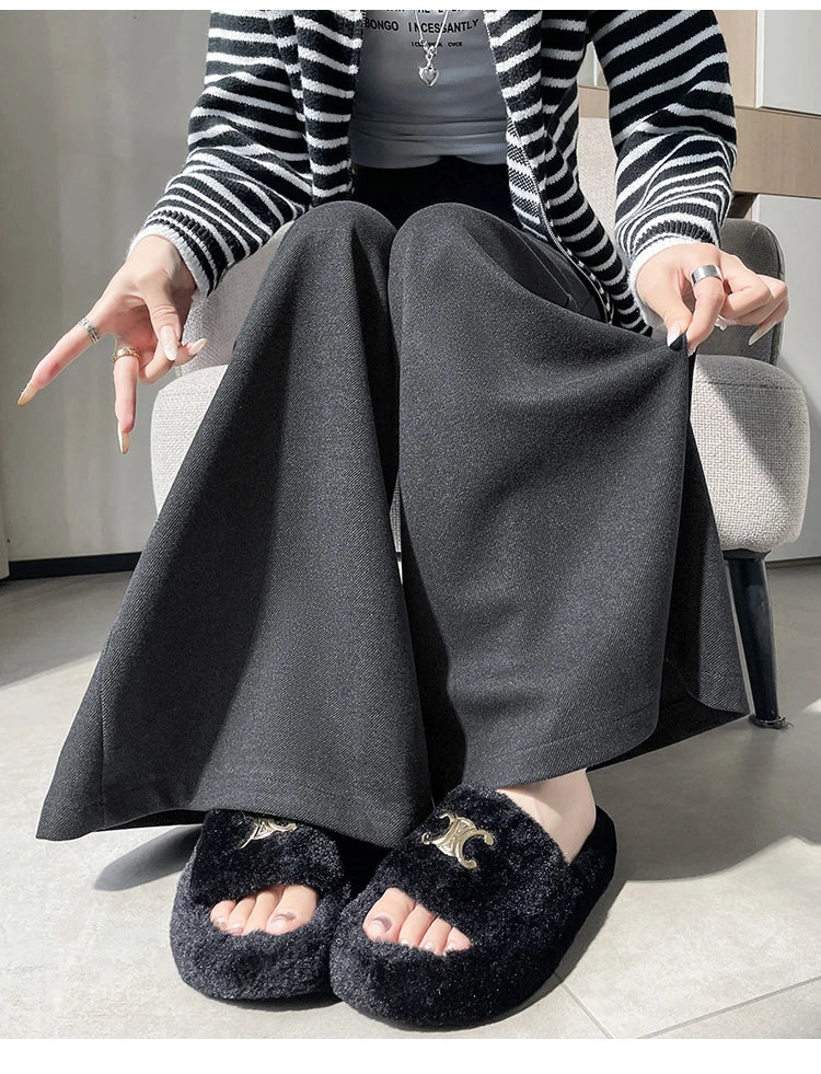 High Quality Woolen Suit Wide-leg Pants Women Fall Winter High-waisted Loose Trouser Female Chic Solid Thick Outwear Bottoms New