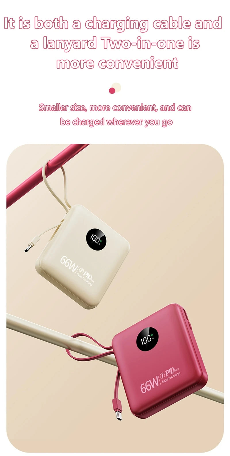 50000mAh PowerBank 66W Super Fast Charging with Cable Large Capacity Compact Portable Mini Shared Four Wire Mobile Power Bank