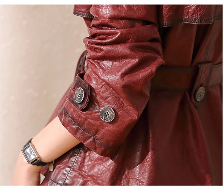 Roupas Femininas Autumn Women's Suit Collar Lace-up Waist Oil Wax Sheepskin Gabardina Mujer Vintage Red Wine Short Trench Coats
