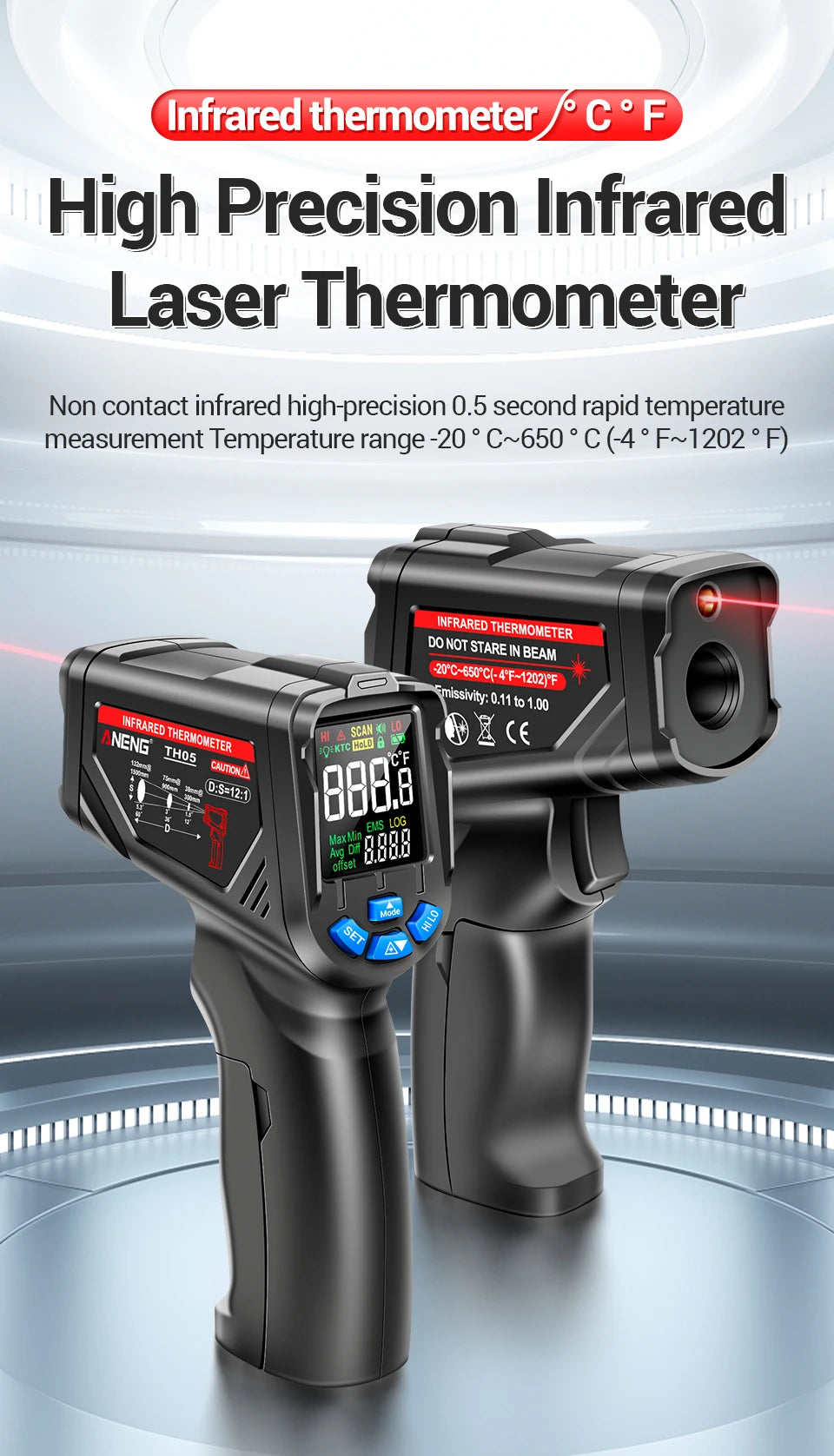 Digital Infrared Thermometer ANENG TH05  Non-Contact  -20~650℃ IR Laser Termometro Pyrometer Gun  Laser Temperature Meter Tools