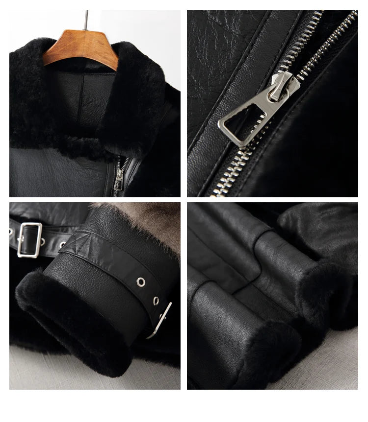 Sheepskin Coat For Women Winter Merino Fur Real Sheep Fur Jacket With Real Mink Fur Sleeve Motorcyle Female Winter Clothings