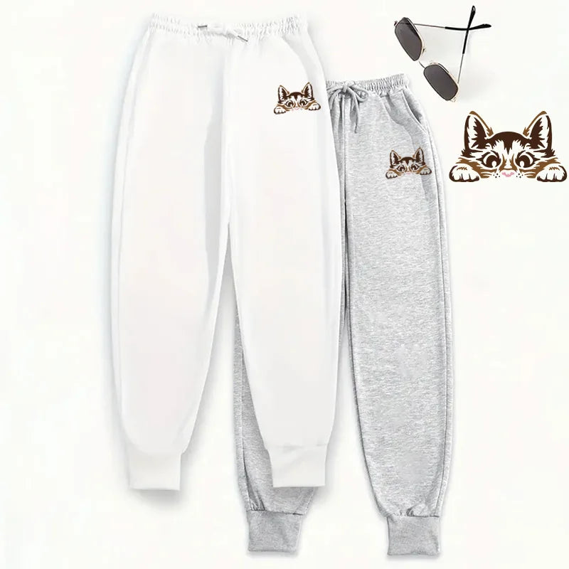 Women's Sweatpants 2 Pack Pure Color Joggers Fall Winter Casual Lounge Wear Comfort Fit Sporty Pants Cute Cat Print 2piece Pants