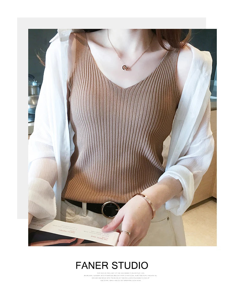 Summer Casual Tank Top Women Sleeveless Knitted T-Shirts Female Elastic Slim Vests Crop Tops Tanks & Camis Pullover Shirts