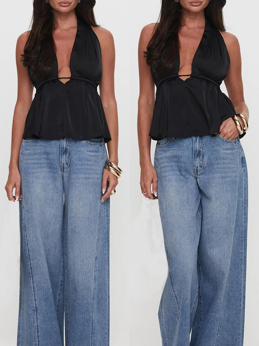 Women Halter Neck Crop Tops Sexy Tie-up Sleeveless Backless Tank Tops Solid Color Summer Vest Female Camisoles for Club Party