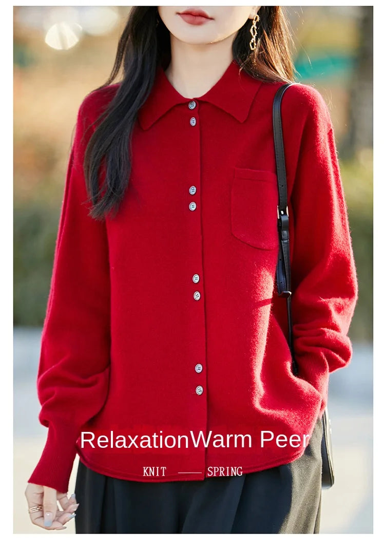POLO Collar Wool Sweater 100 Pure Wool Spring And Autumn New Knitted Women Loose And Slimming Cardigan ZA682