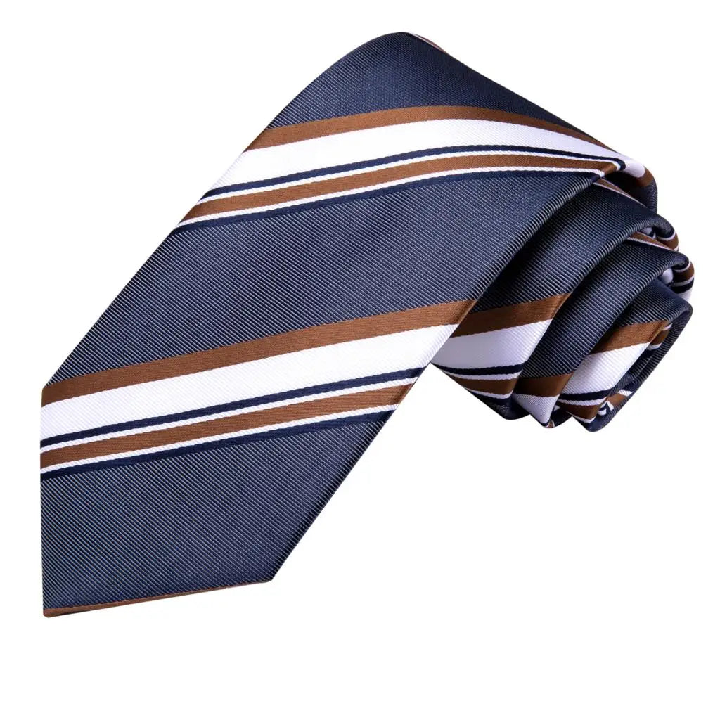 Grey White Striped 2023 New Elegant Men Tie Hanky Cufflink Silk Necktie For Men Wedding Party Business Fashion Brand Hi-Tie