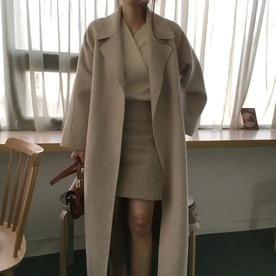 Elegant Woolen Coat Women's 2025 Autumn Winter Mid Length Adjustable Waist Thick Casual Long Sleeve Fashion Wool Coats Female