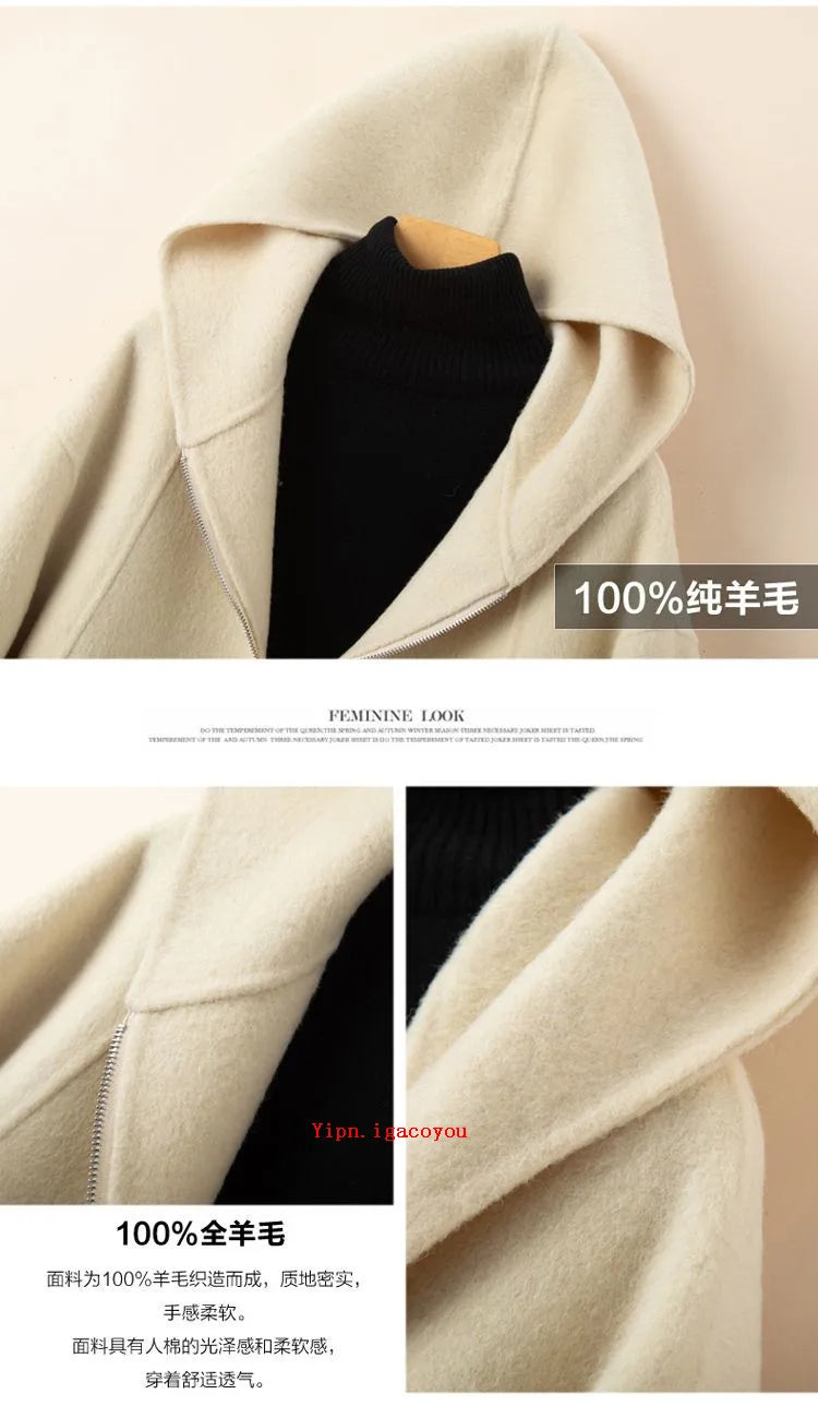 Elegant Woolen Coat Woman 2025 Winter New Fashion Pink Hooded Short Zipper Double-Sided Wool Jacket Ladies Slim Outerwear B810