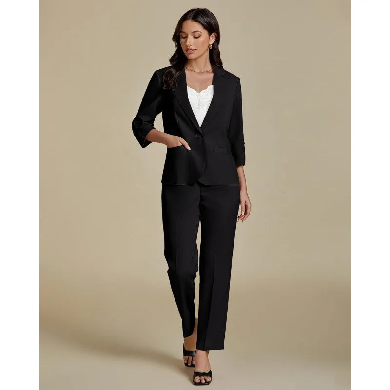 Pant Suits for Women Dressy 2 Piece Business Casual Outfits 3/4 Sleeve Blazer Straight Leg Pant Sets Office Work