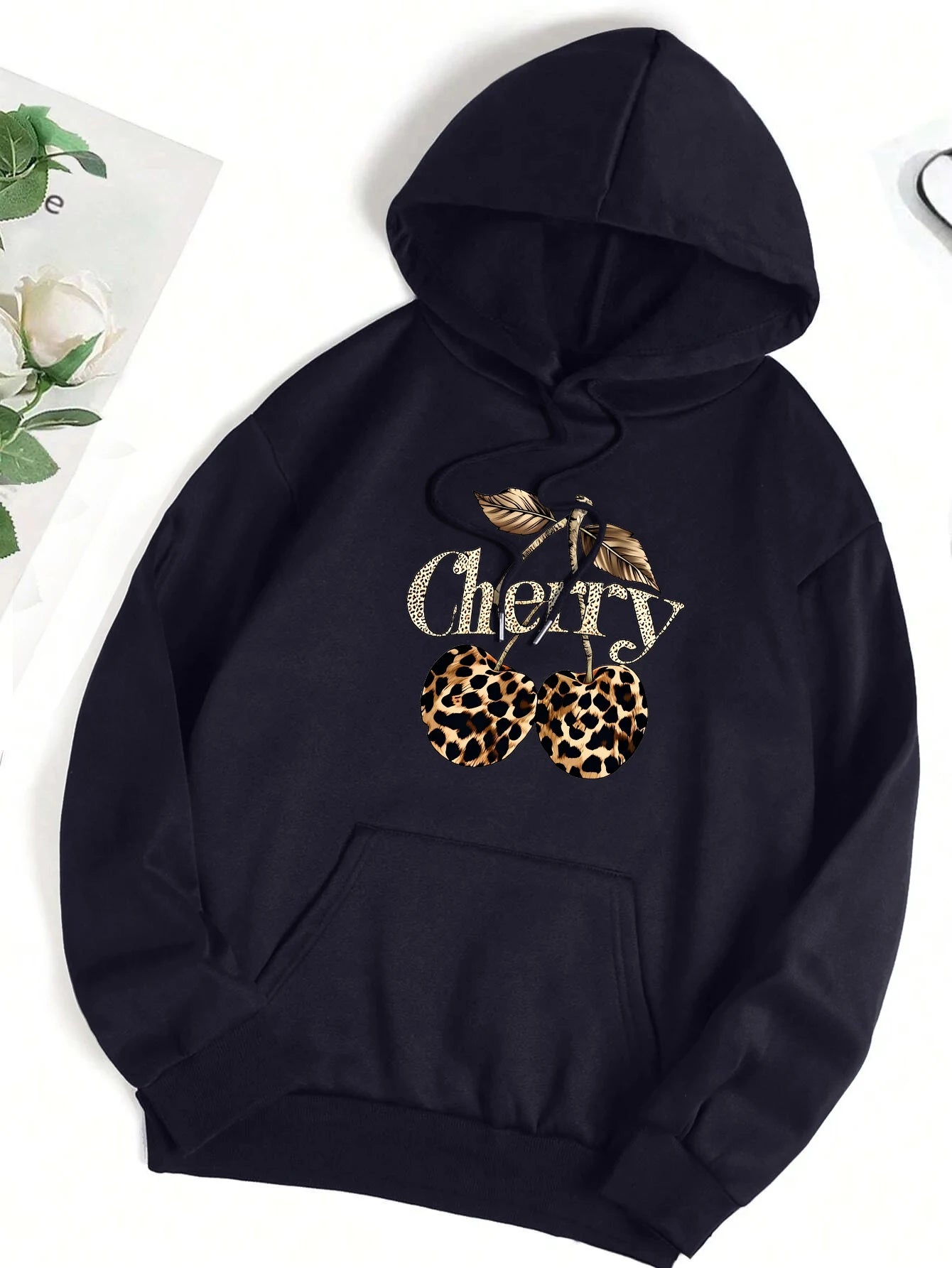2025 Leopard Cherry Creative Printing Hoodies Women All-Match Streetwear Y2K Pocket Hoody Autumn Winter Casual Women Clothing