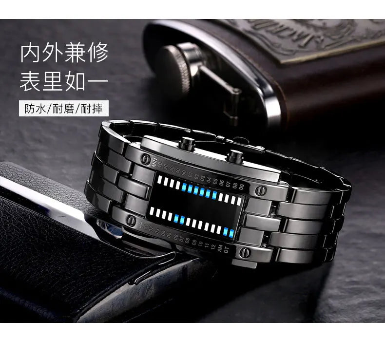 Men Watch 50m Waterproof Lava Watch Double Row Lamp Led Watch Male Binary Steel Band Electronic Sport Watch Relogios Masculino