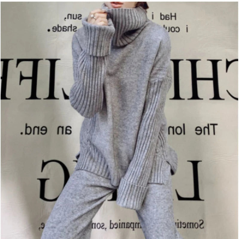 Wool 2023 Autumn and Winter New Loose Turtleneck Sweater Suit Female Western Style Fashion Wide Leg Pants Two-Piece Set Female