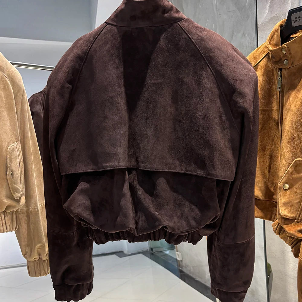 YOLOAgain Suede Leather Jacket Coat Women Real Leather Cropped Jacket Bomber Jacket 2025 Autumn