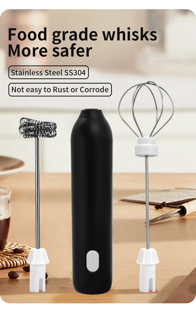Cordless Electric Milk Frother Hand Mixer Whisk 2-in-1, USB 3 Speeds Handheld Milk Foamer for Coffee Cappuccino Mini Blender