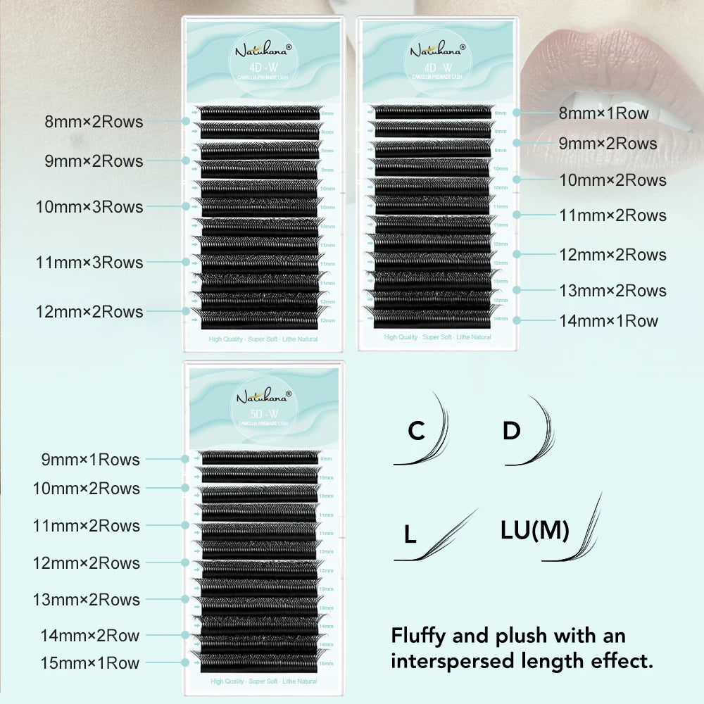 NATUHANA Camellia 3D/4D/5D W-Shape Lashes C/D/L/LU Curl Premade Fan Eyelashes Extension Soft Lightweight Eyelash For Wholesale